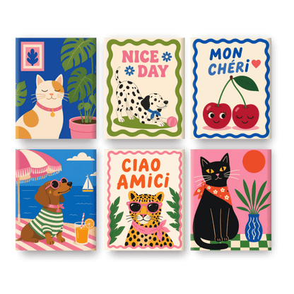 6 Mini Paintings - Chic Cats & Dogs Set