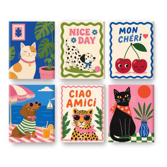 6 Mini Paintings - Chic Cats & Dogs Set