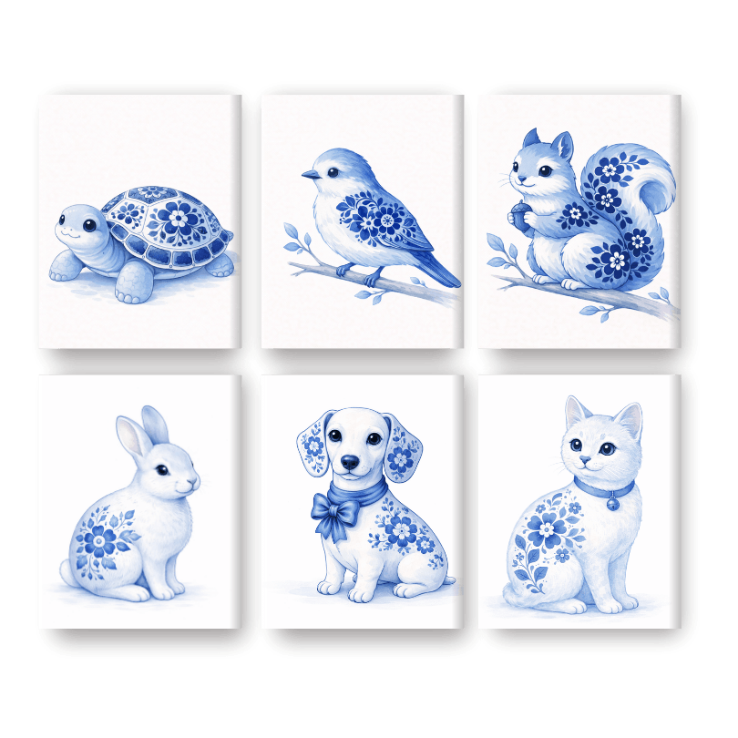 6 Mini Paintings - Delft Blue Animals Set