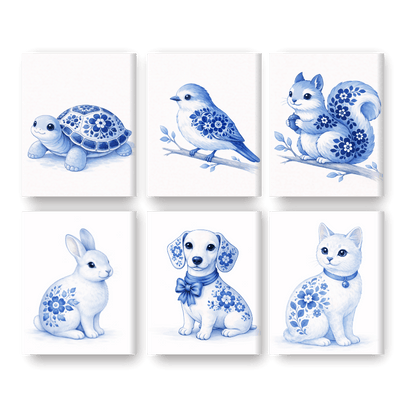 6 Mini Paintings - Delft Blue Animals Set
