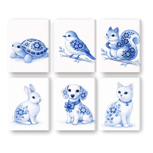 6 Mini Paintings - Delft Blue Animals Set