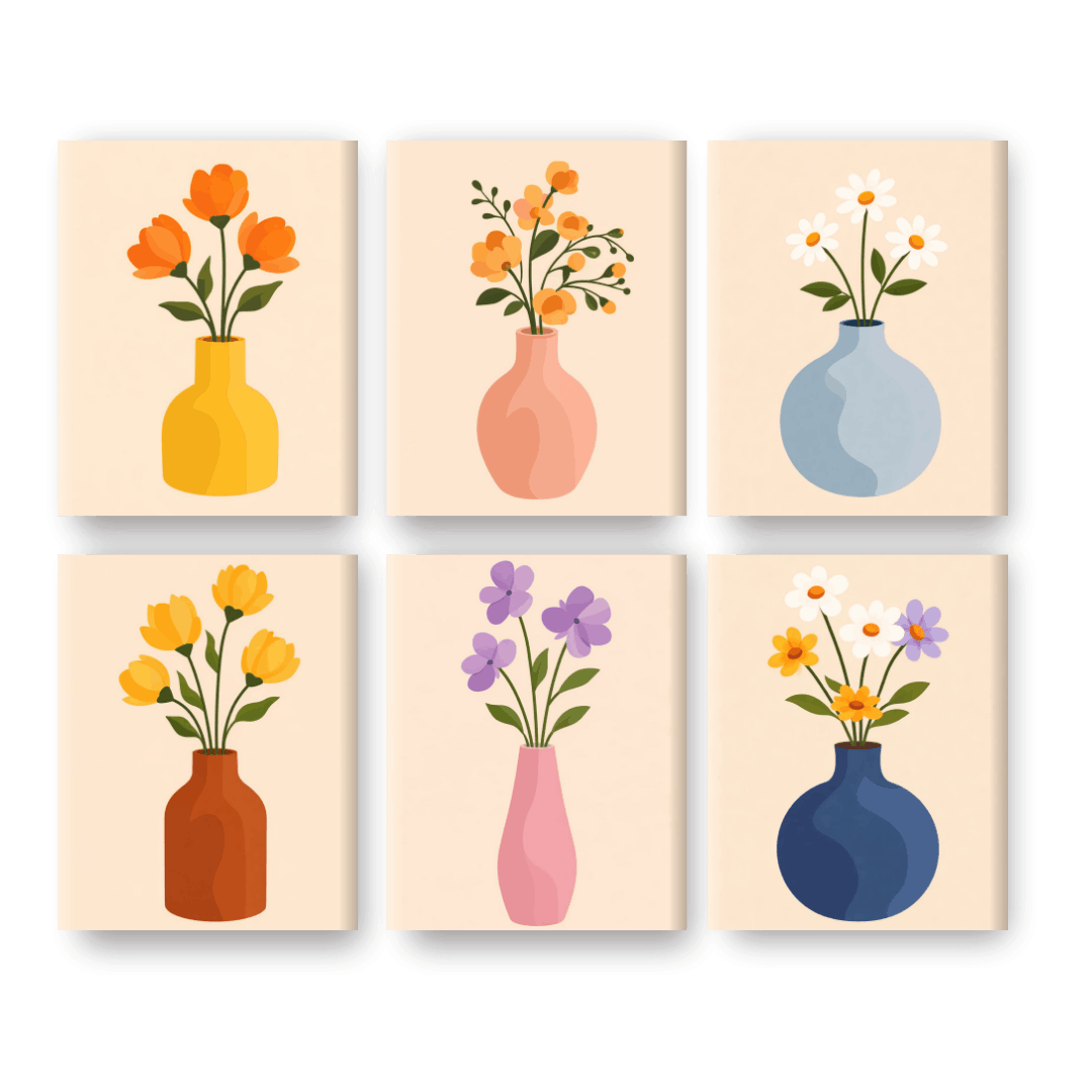 6 Mini Paintings - Flowers & Vases Set