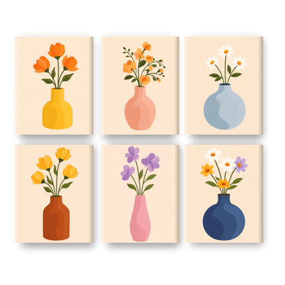 6 Mini Paintings - Flowers & Vases Set