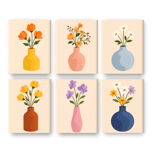 6 Mini Paintings - Flowers & Vases Set