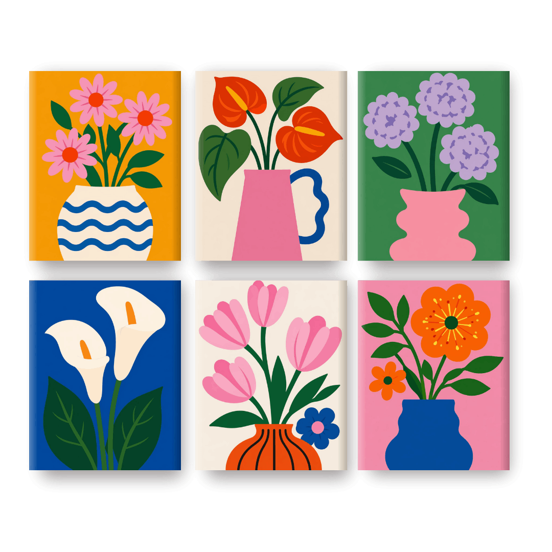 6 Mini Paintings - Modern Bloom Vases Set