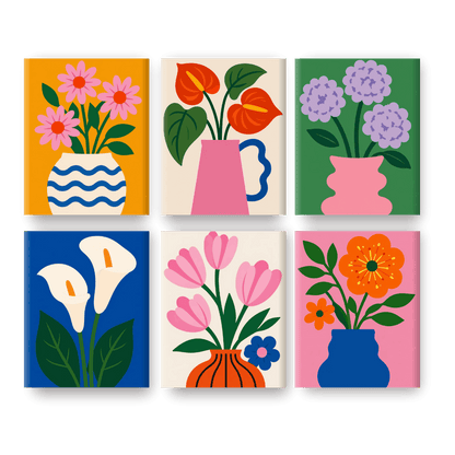 6 Mini Paintings - Modern Bloom Vases Set
