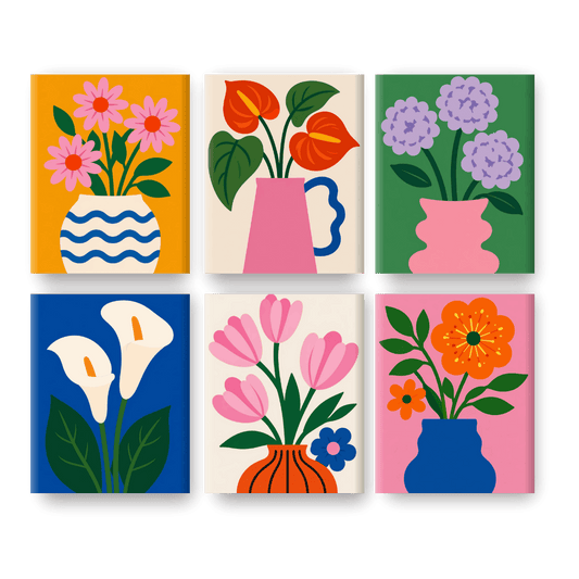 6 Mini Paintings - Modern Bloom Vases Set