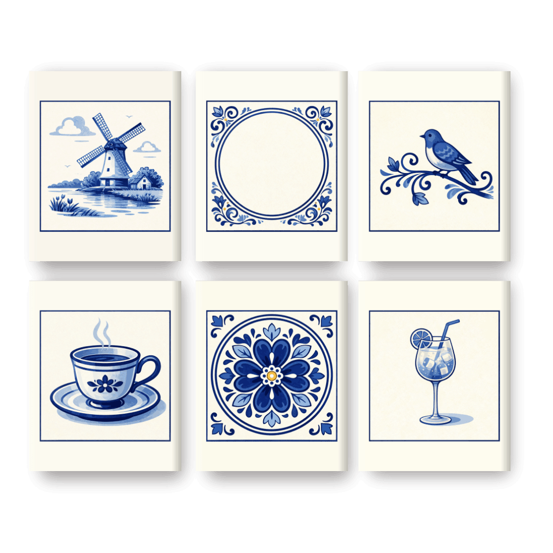 6 Mini Paintings -  Gorgeous Delft Blue Set