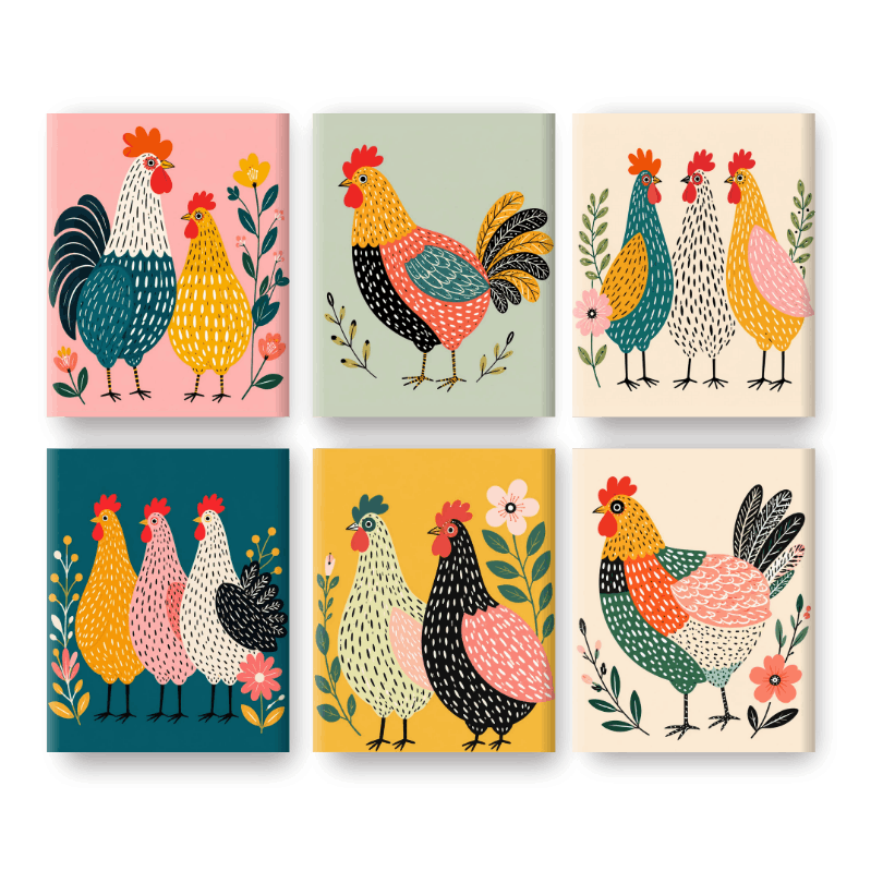 6 Mini Paintings -  Happy Hens Set