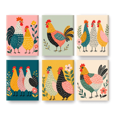 6 Mini Paintings -  Happy Hens Set
