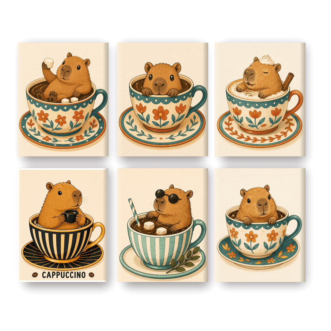 6 Mini Paintings - Capybaras in Cups Set