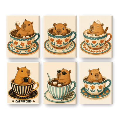 6 Mini Paintings - Capybaras in Cups Set
