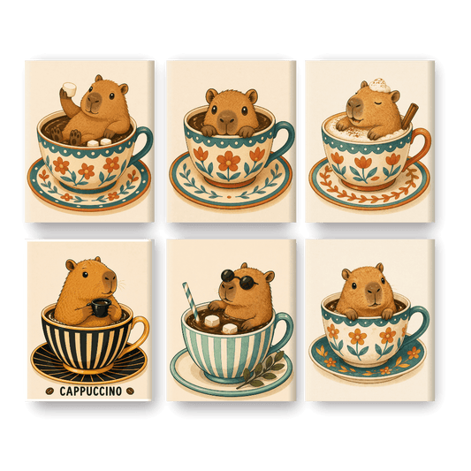 6 Mini Paintings - Capybaras in Cups Set