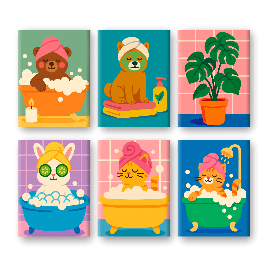 6 Mini Paintings | Bathroom Animals Set