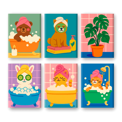 6 Mini Paintings | Bathroom Animals Set