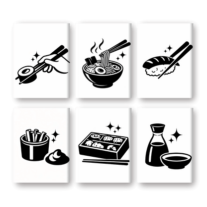 6 Mini Paintings - Black & White Sushi Set