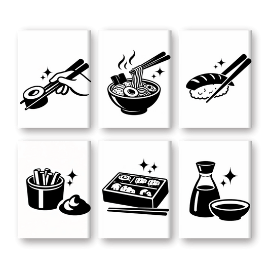 6 Mini Paintings - Black & White Sushi Set