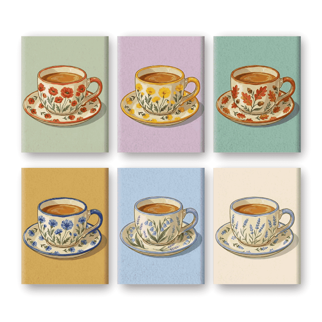 6 Mini Paintings - Blooming Teacups Set