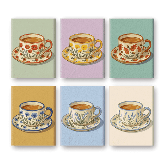 6 Mini Paintings - Blooming Teacups Set