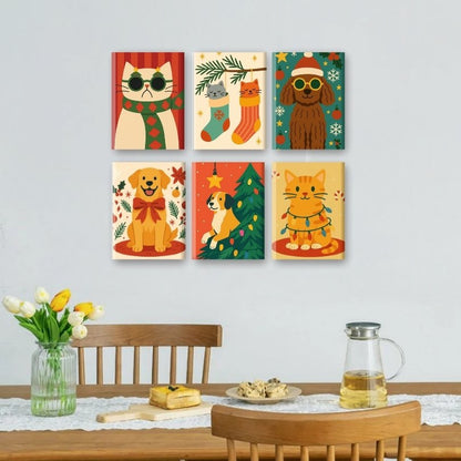 6 Mini Paintings - Cats & Dogs Christmas Set