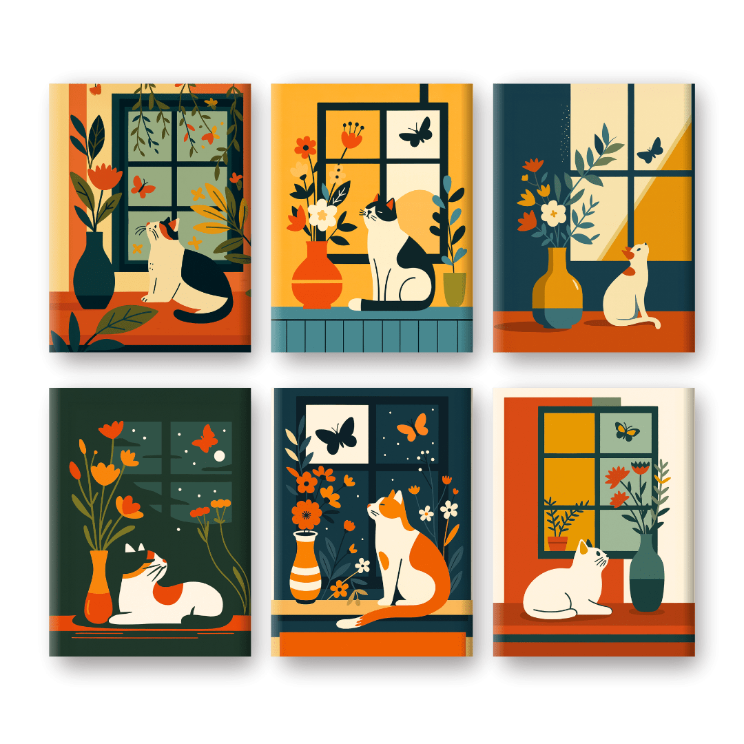 6 Mini Paintings | Cats at the Window Set