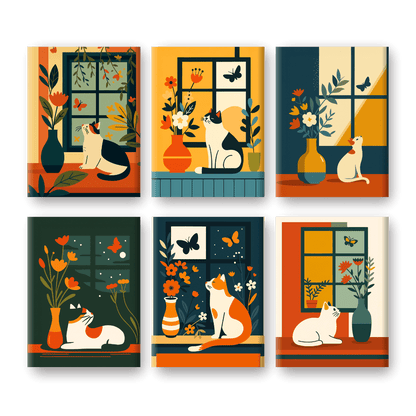 6 Mini Paintings | Cats at the Window Set
