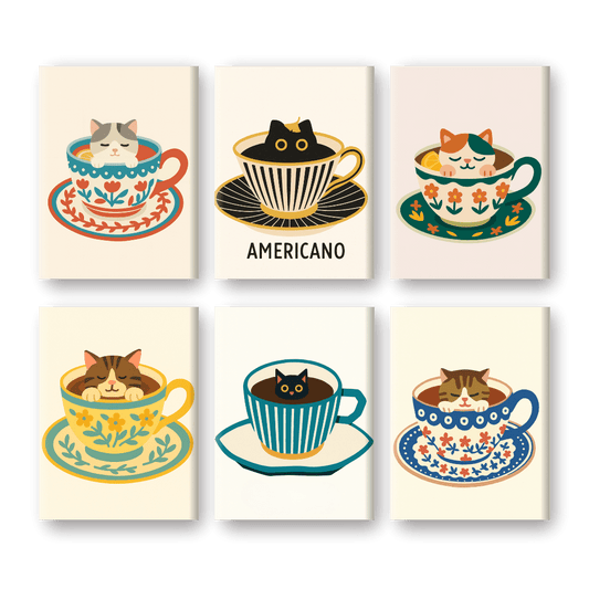 6 Mini Paintings - Cats in Coffee Cups Set