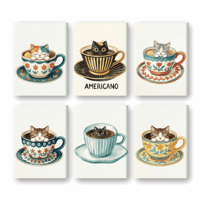 6 Mini Paintings - Cats in Cups Set