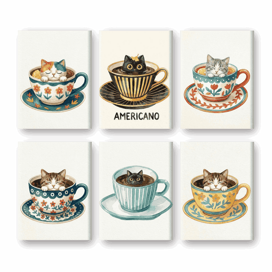 6 Mini Paintings - Cats in Cups Set