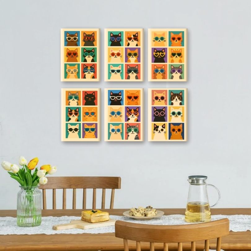 6 Mini Paintings - Cool Colorful Cats Set