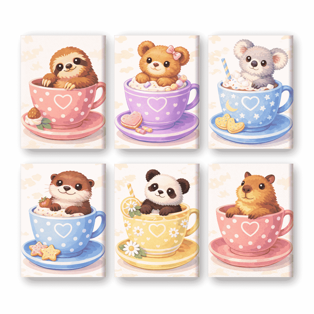 6 Mini Paintings - Cute Animals In Cups Set