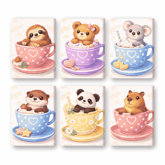 6 Mini Paintings - Cute Animals In Cups Set