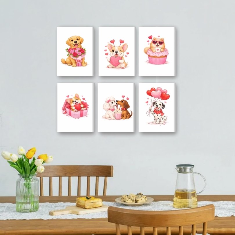 6 Mini Paintings - Valentine Dogs Set