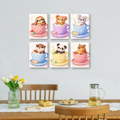 6 Mini Paintings - Cute Animals In Cups Set