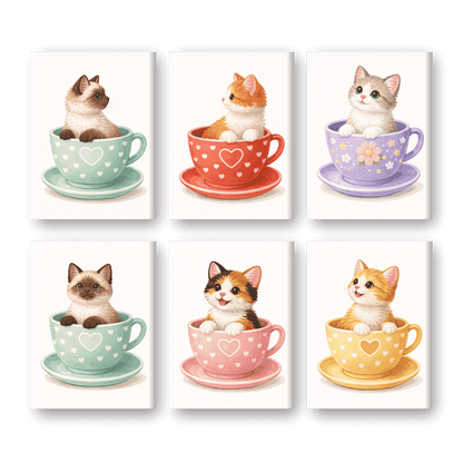 6 Mini Paintings - Cute Cats in Cups Set