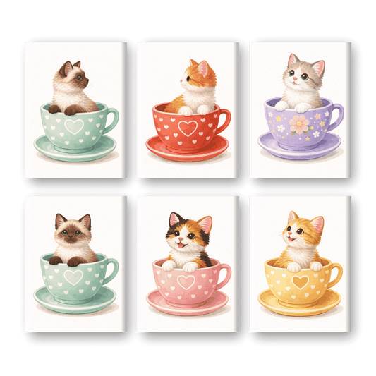 6 Mini Paintings - Cute Cats in Cups Set