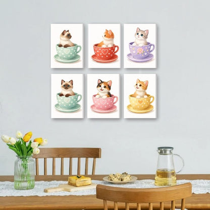 6 Mini Paintings - Cute Cats in Cups Set
