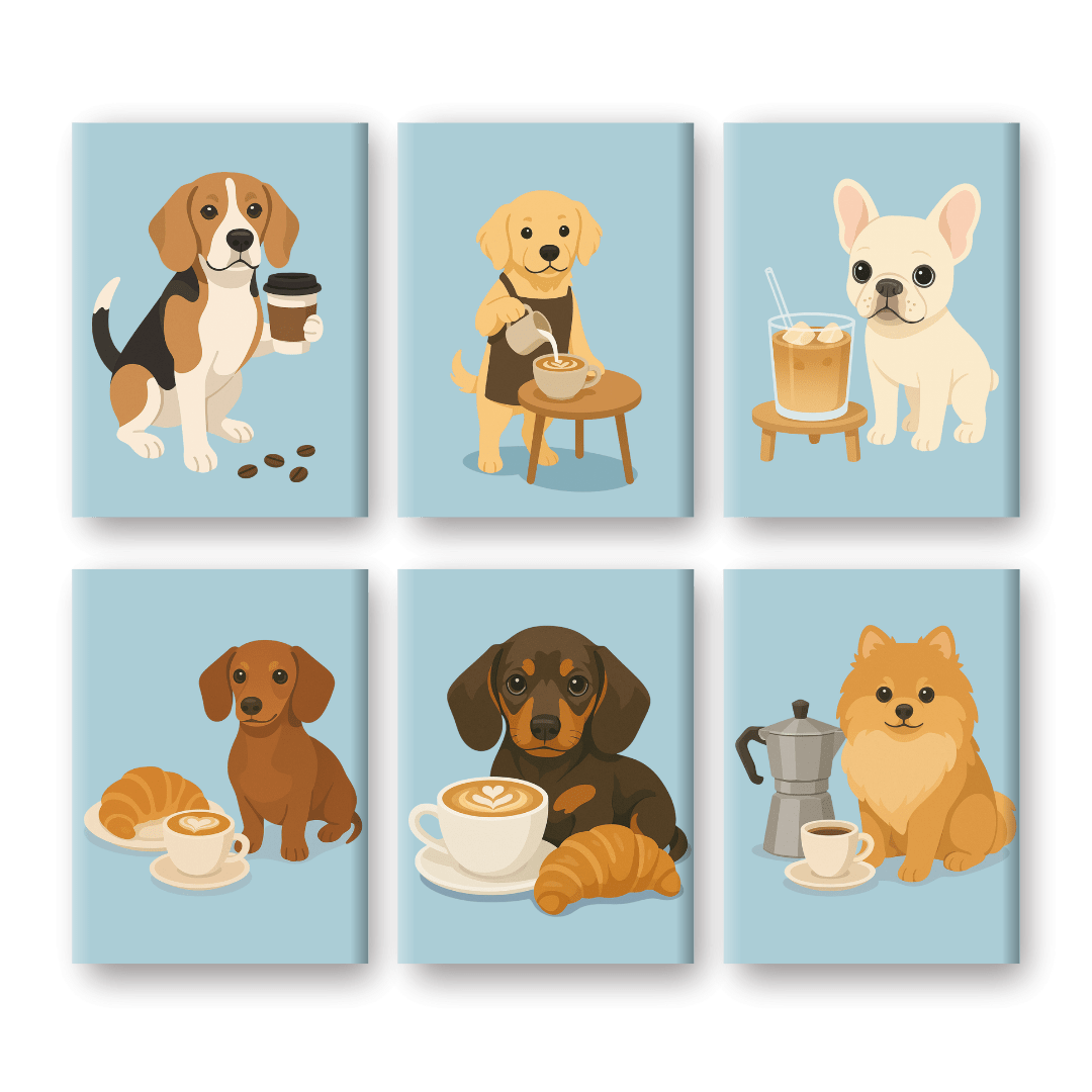 6 Mini Paintings - Dogs & Coffee Set