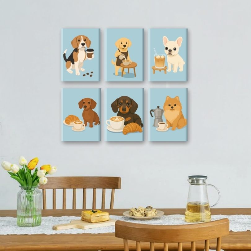 6 Mini Paintings - Dogs & Coffee Set
