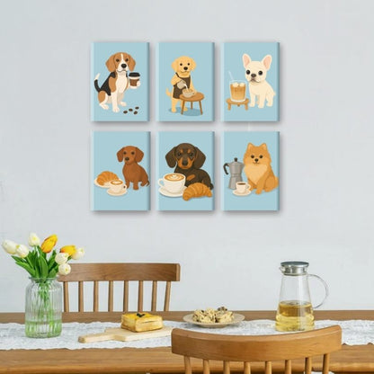 6 Mini Paintings - Dogs & Coffee Set