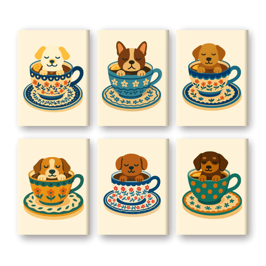 6 Mini Paintings - Dogs in Coffee Cups Set