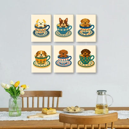 6 Mini Paintings - Dogs in Coffee Cups Set