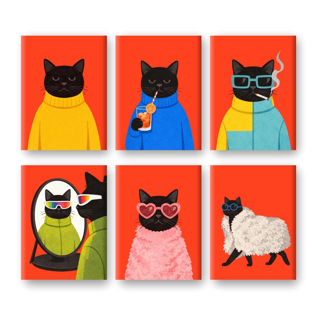 6 Mini Paintings - Elegant Black Cat Set