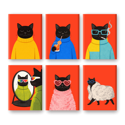 6 Mini Paintings - Elegant Black Cat Set