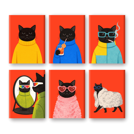 6 Mini Paintings - Elegant Black Cat Set