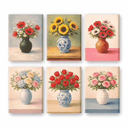 6 Mini Paintings - Flowers in Vases Set