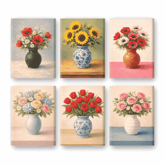 6 Mini Paintings - Flowers in Vases Set