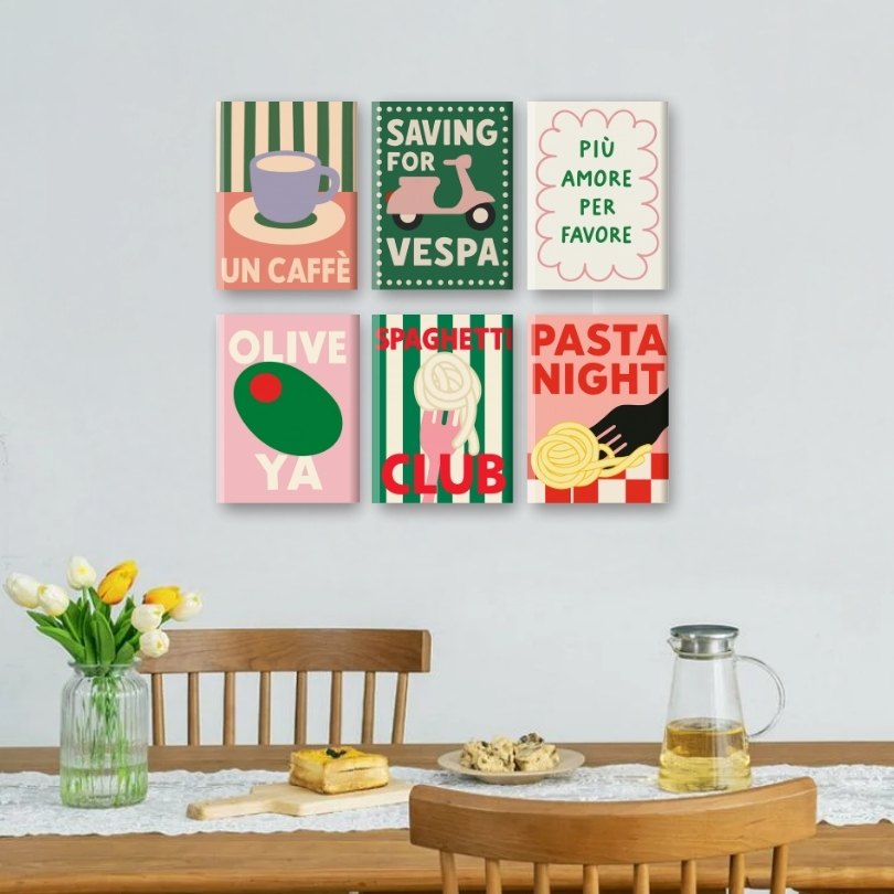 6 Mini Paintings - Italian Pasta & Coffee Set