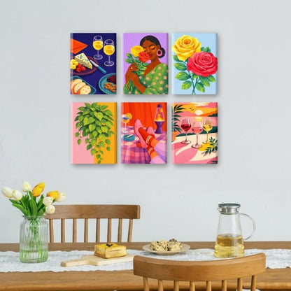 6 Mini Paintings - Wine & Flowers Set