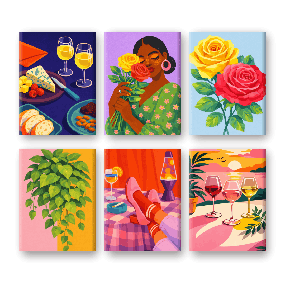 6 Mini Paintings - Wine & Flowers Set